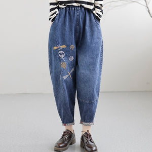 Quần baggy denim thêu chuồn chuồn và hoa bồ công anh - NU7602