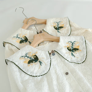 Áo sơ mi linen Morigirl dài tay cổ áo thêu đối xứng - NU8322