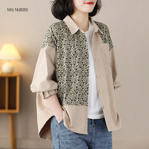 Áo sơ mi dài tay cổ đức hai mảng màu in hoa lá - NU8354