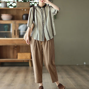 Áo sơ mi linen ngắn tay cổ pipi hoa văn kẻ sọc - NU7470