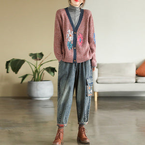Áo khoác len cardigan dài tay cổ V móc những bông hoa - NU8065