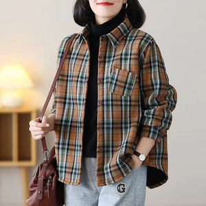 Áo sơ mi retro dài tay cổ đức kẻ sọc caro chần bông - NU8151
