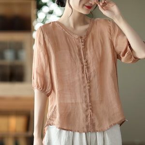 Áo sơ mi linen ngắn tay cổ lá sen ba khuy kiểu thêu hoa văn - NU7164