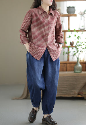 Áo sơ mi linen dài tay cổ đức kẻ sọc caro một túi vuông - NU7688