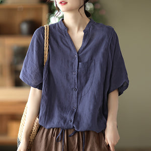 Áo sơ mi linen ngắn tay cổ V túi tròn kiểu - NU7059
