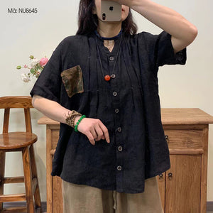 Áo sơ mi linen ngắn tay cổ V một túi in hoa lá - NU8643