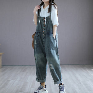 Quần baggy yếm denim retro kiểu nhiều nút - NU6630