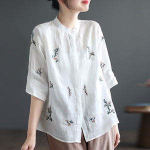 Áo sơ mi linen ngắn tay cổ đứng thêu hoa lá đối xứng hai bên - NU8531