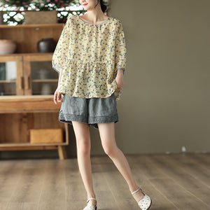Áo T-shirt linen ngắn tay cổ tròn thắt nơ sau in hoa lá - NU7406