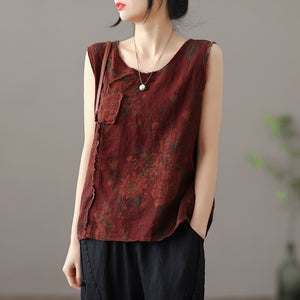 Áo sơ mi linen sát nách cổ tròn một túi in hoa văn - NU6721
