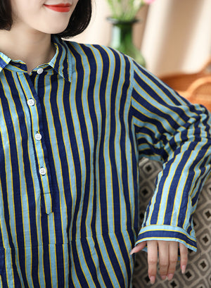 Áo sơ mi linen dài tay cổ đức kẻ sọc khuy vạt áo - NU8457