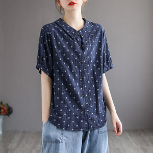 Áo sơ mi linen ngắn tay cổ pipi chấm bi - NU6861
