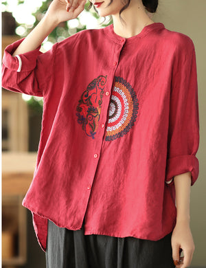 Áo sơ mi linen dài tay cổ tàu thêu hoa văn retro trước ngực - NU6708