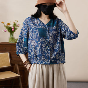 Áo sơ mi tay lửng cổ V in hoa văn retro - NU8555