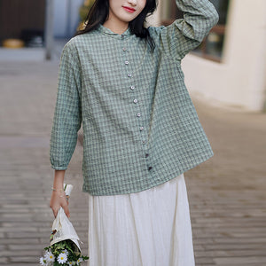 Áo sơ mi linen tay lửng cổ pipi kẻ sọc caro - NU6745