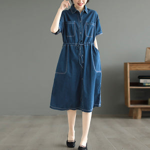 Đầm liền denim ngắn tay cổ đức hai túi vuông cột dây - NU8586