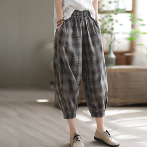 Quần baggy linen lưng thun kẻ sọc caro ống túm một túi sau - NU7423