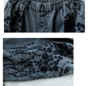 Quần baggy denim retro lưng thun sờn thêu hoa văn - NU6619