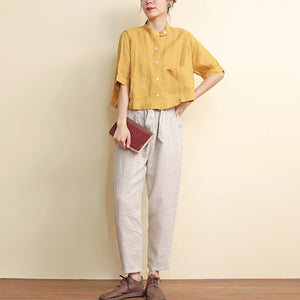 Áo sơ mi linen ngắn tay cổ đứng hai túi vuông  - NU7418