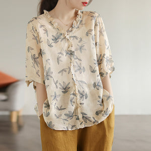Áo sơ mi linen ngắn tay cổ V đính bèo in hoa lá - NU7300