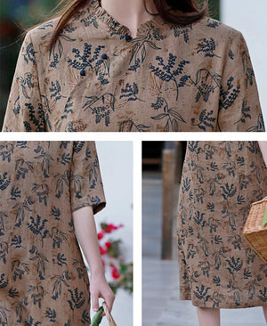 Đầm liền linen ngắn tay cổ V xếp ly khuy tròn in hoa lá - NU8437