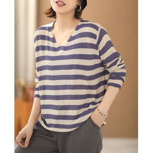 Áo T-shirt len dài tay cổ V kẻ sọc ngang - NU7677