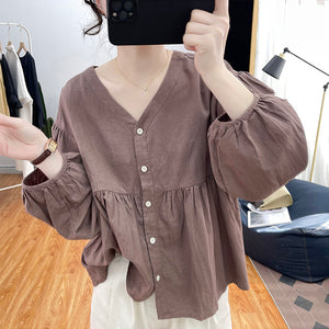 Áo sơ mi linen dài tay cổ V kiểu bo tay - NU8458