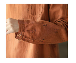 Áo sơ mi linen dài tay cổ pipi in hình ngộ nghĩnh - NU8257