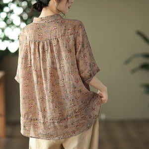Áo sơ mi linen ngắn tay khuy cài cổ pipi in hoa lá một túi nhỏ - NU6953