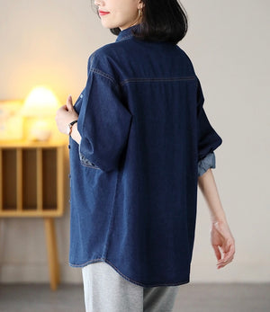 Áo sơ mi denim dài tay cổ đức form dài ba túi kiểu - NU8146