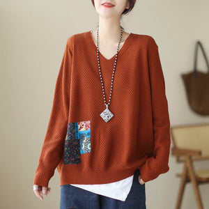 Áo len đan dài tay cổ V và mảng màu - NU7846