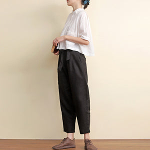 Áo sơ mi linen ngắn tay cổ đứng hai túi vuông  - NU7418