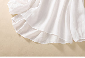 Áo sơ mi linen dài tay cổ tròn thêu cành hoa đính khuy - NU8405