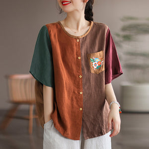 Áo sơ mi linen ngắn tay cổ tròn mảng màu thêu hoa trước túi - NU7053