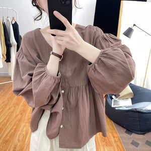 Áo sơ mi linen dài tay cổ V kiểu bo tay - NU8458