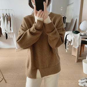 Áo len dệt kim dài tay cổ tròn xẻ kiểu hai lớp - NU7869