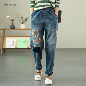 Quần baggy denim lưng thun thêu hoa hướng dương - NU8312