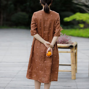 Đầm liền linen ngắn tay cổ tròn thêu những chấm tròn - OD0628