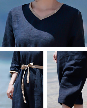 Đầm liền linen tay lửng cổ V bo viền một màu - NU8268
