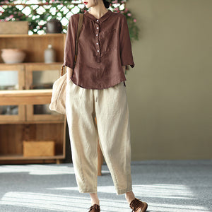 Áo sơ mi linen ngắn tay cổ đức khuy cài sát túi - NU5604