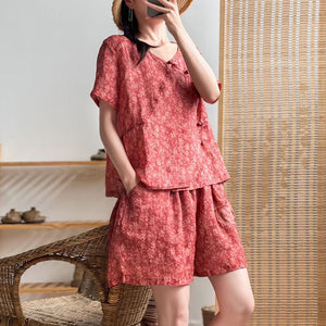 Bộ đồ gồm áo sơ mi ngắn tay khuy tàu và quần sooc in hoa liti - NU7210