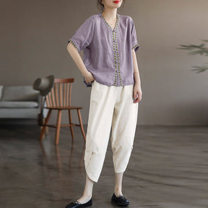 Áo sơ mi linen ngắn tay cổ V khuy tròn hoa văn thổ cẩm - NU6965