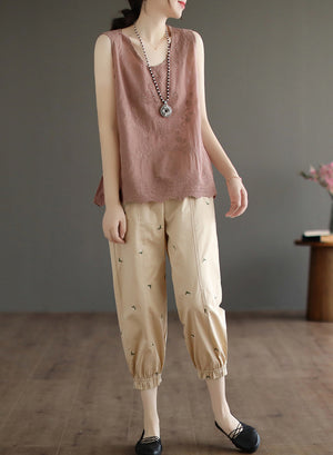 Áo T-shirt sát nách cổ tròn thêu hoa văn vòng xoáy - NU7448