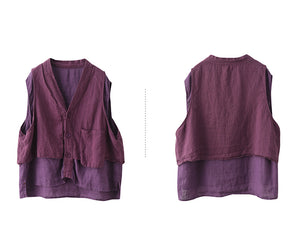 Áo sơ mi linen sát nách cổ V kiểu hai lớp túi vuông - NU8503
