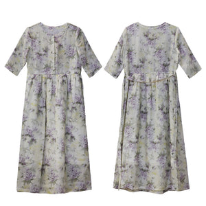 Đầm liền linen ngắn tay cổ tròn khuy cài in hoa lá - NU8266