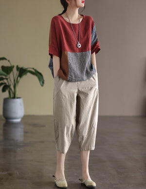 Áo T-shirt linen ngắn tay cổ tròn chắp vá mảng màu caro - NU7274