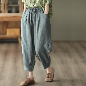Quần baggy linen lưng thun thêu ren hai bên quần - NU7309