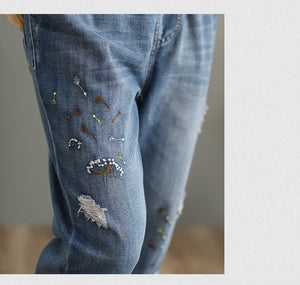 Quần baggy denim thêu hoa bồ công anh - NU3794 - kamaka.vn - thời trang nhật