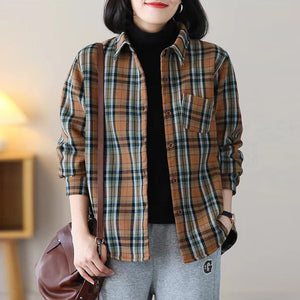 Áo sơ mi retro dài tay cổ đức kẻ sọc caro chần bông - NU8151