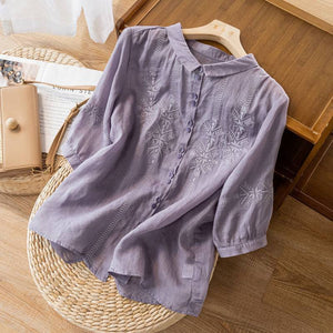 Áo sơ mi linen ngắn tay cổ pipi thêu những bông tuyết đối xứng - NU7182